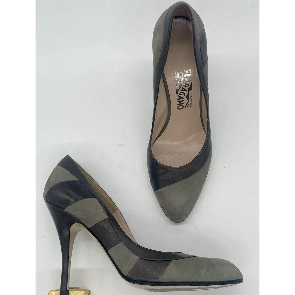 Salvatore Ferragamo Gray Italian Leather Heels Sz 9 Shoes Pumps Designer